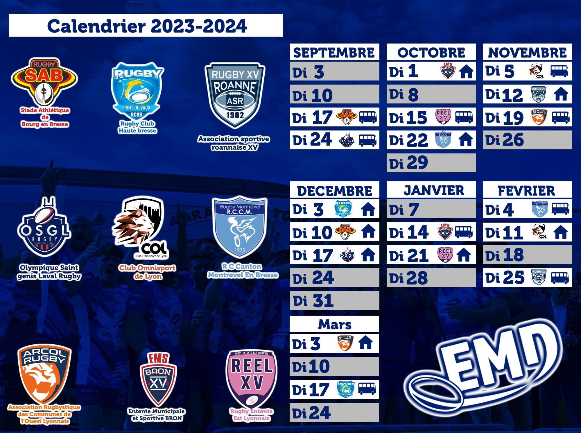 Ecole de rugby (EDR) : calendrier des rencontres 2023 2024 – RCMASM